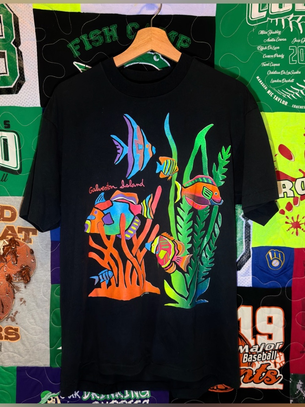 Vintage Galveston Island Neon Fish Graphic Tee Cotton XL Made in USA 90s
